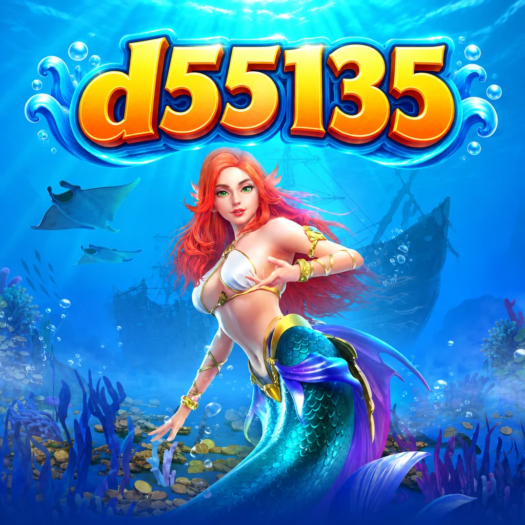 โลโก้ d55135 เหนือนางเงือกผมสีแดงและฉากใต้ท้องทะเลลึกในเกม Mermaid Riches
