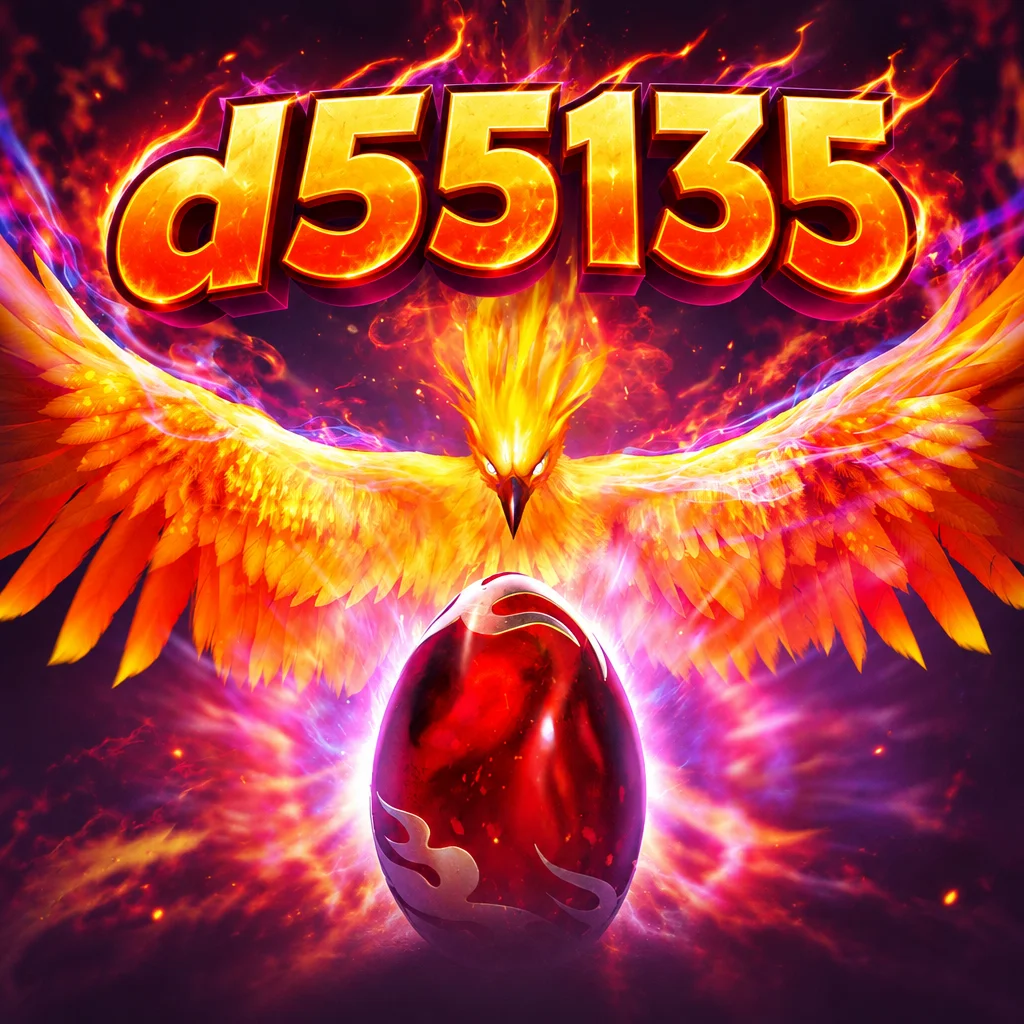 โลโก้ d55135 พร้อมนกฟีนิกซ์เพลิงกางปีกเหนือไข่ไฟสีแดงในเกม Phoenix Rises