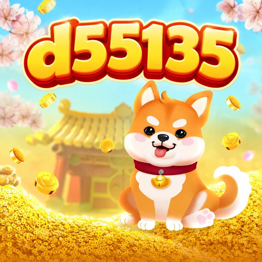 โลโก้แบรนด์ d55135 ร่วมกับตัวละครสุนัขนำโชคและเหรียญทองในเกม Win Win Won
